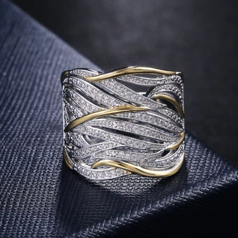 925 Sterling Silver Mixed Metal Ring Band Chunky Wide Two Tone Ring